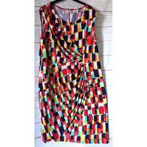 Cato Woman Dress Red Black Yellow Faux Wrap Knee Length Ruched Knit Stretch 16W